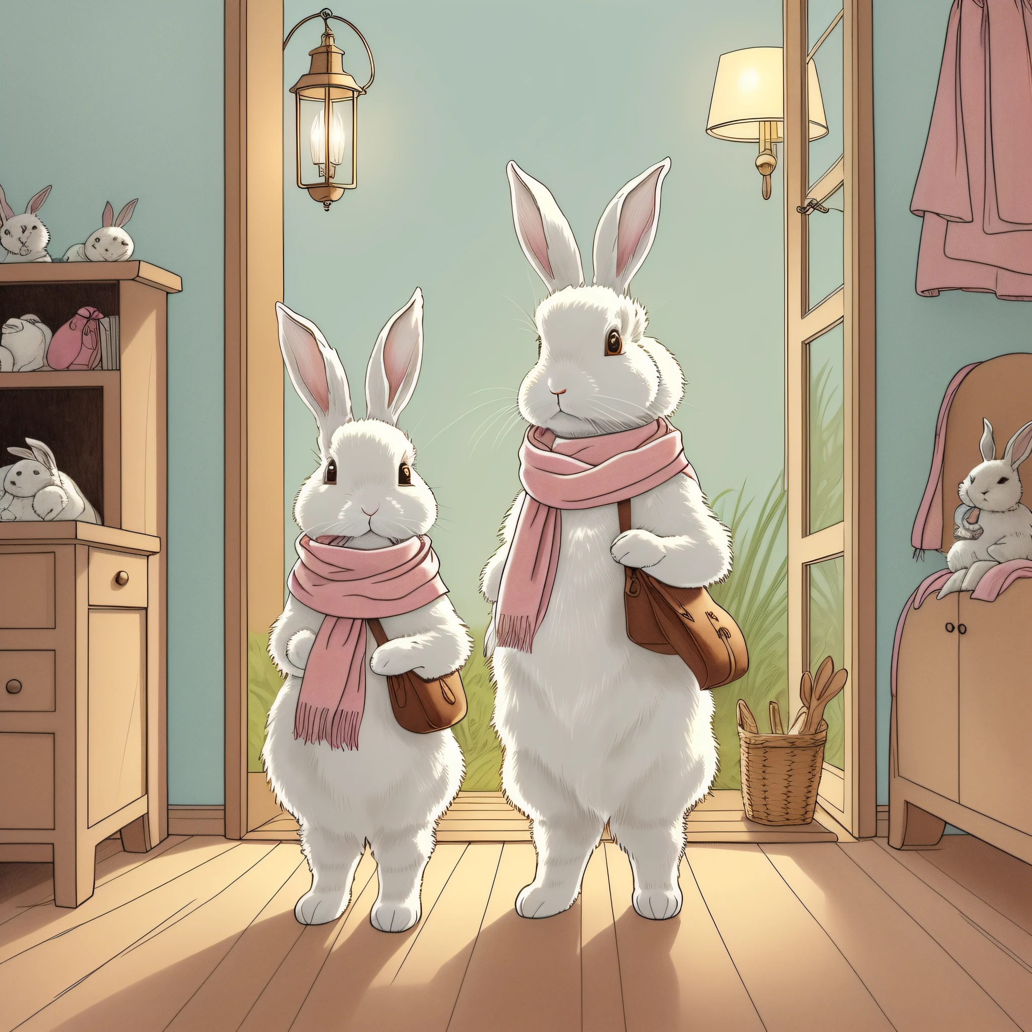 儿童图画书插图、两只白兔、脖子上围着粉色围巾的兔子、脖子上围着浅蓝色围巾的兔子、拟人化兔子、双足兔、兔子在屋里做准备、兔子与皮包、可怜、彩色插图