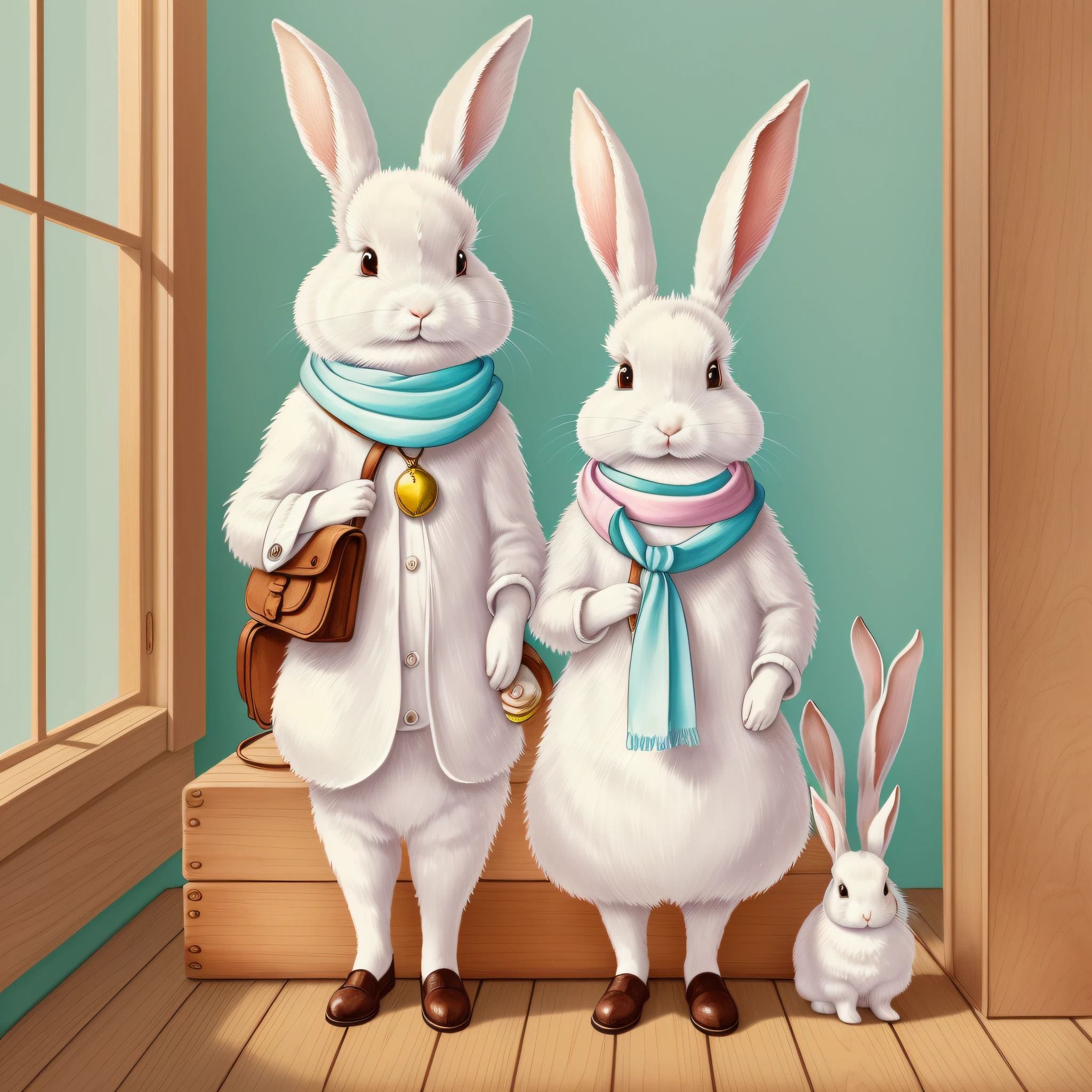 Children's Picture Book Illustration、Two White Rabbits、Two rabbits with a pink scarf around their necks and a light blue scarf around their necks、Anthropomorphic rabbit、Bipedal rabbit、Rabbit getting ready in a wooden house、Rabbit with leather bag、pitiable、Color Illustration