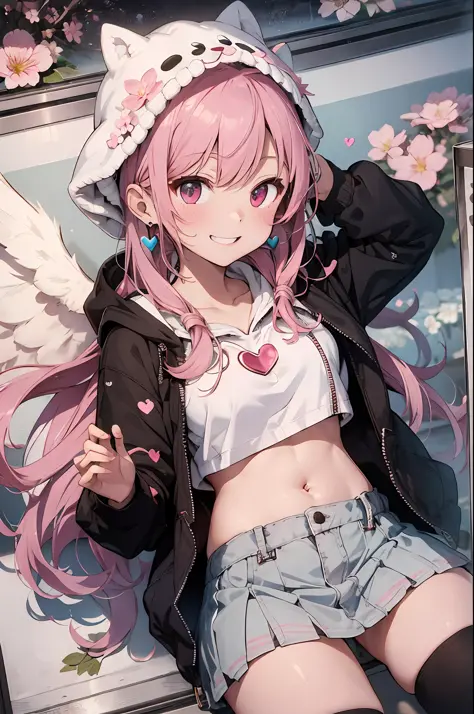 Pink hair. Long hair. Miniskirt. Parka. Earring. Angel wings. Heart-shaped vacant chest. Heart logo. A big smile. Inside the gam...