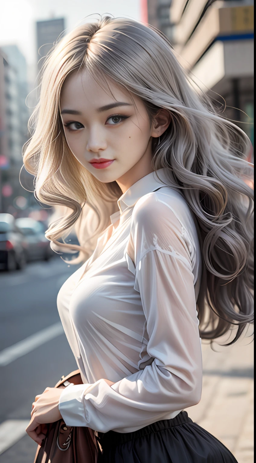 A close up of a woman with long hair standing on a street - SeaArt AI