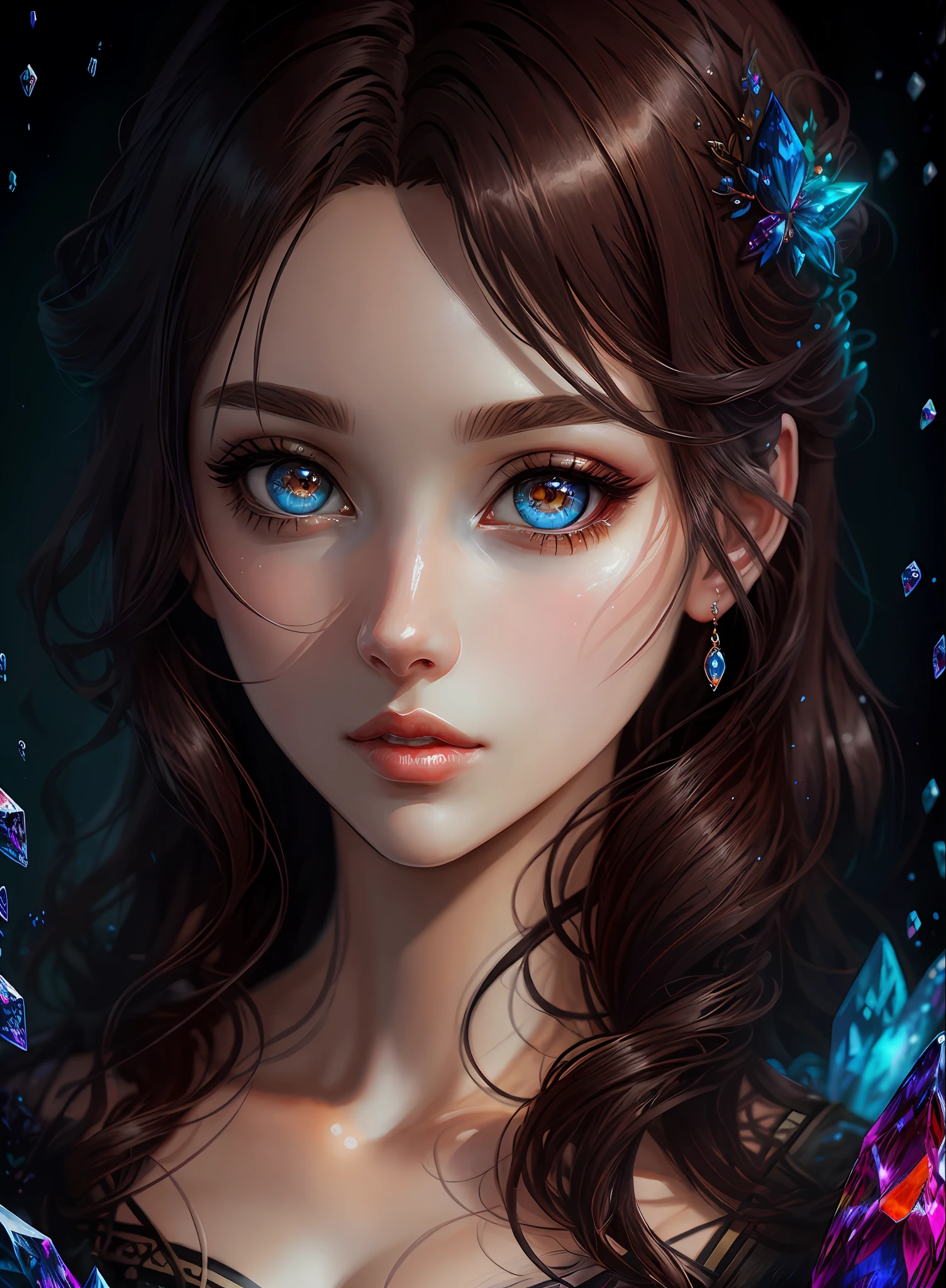 ((best qualiy)), ((The Masterpiece)), ((Realstic)), (full details),anime stile、 (a 1 woman)Close up portrait of cute woman with dark hair、Beautiful and moisturized eyes like crystal clear glass、Face without makeup、4K high-definition digital art、stunning digital illustration、Stunning 8K artwork、colorfull digital fantasy art、Colorful and bright、Beautiful digital artwork、Colorful Digital Painting、digital anime art、Portrait of beautiful and pretty woman、8K HD Digital Wallpaper Art、digitally painting