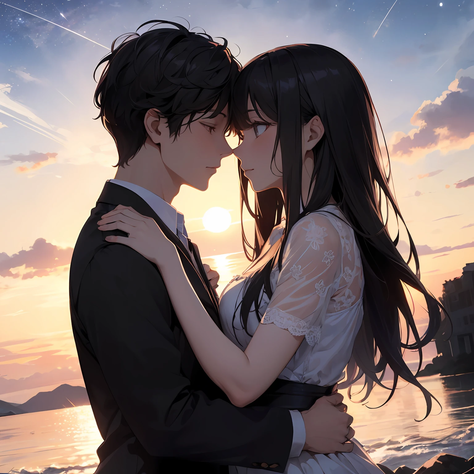 Anime couple kissing on the beach at sunset - SeaArt AI