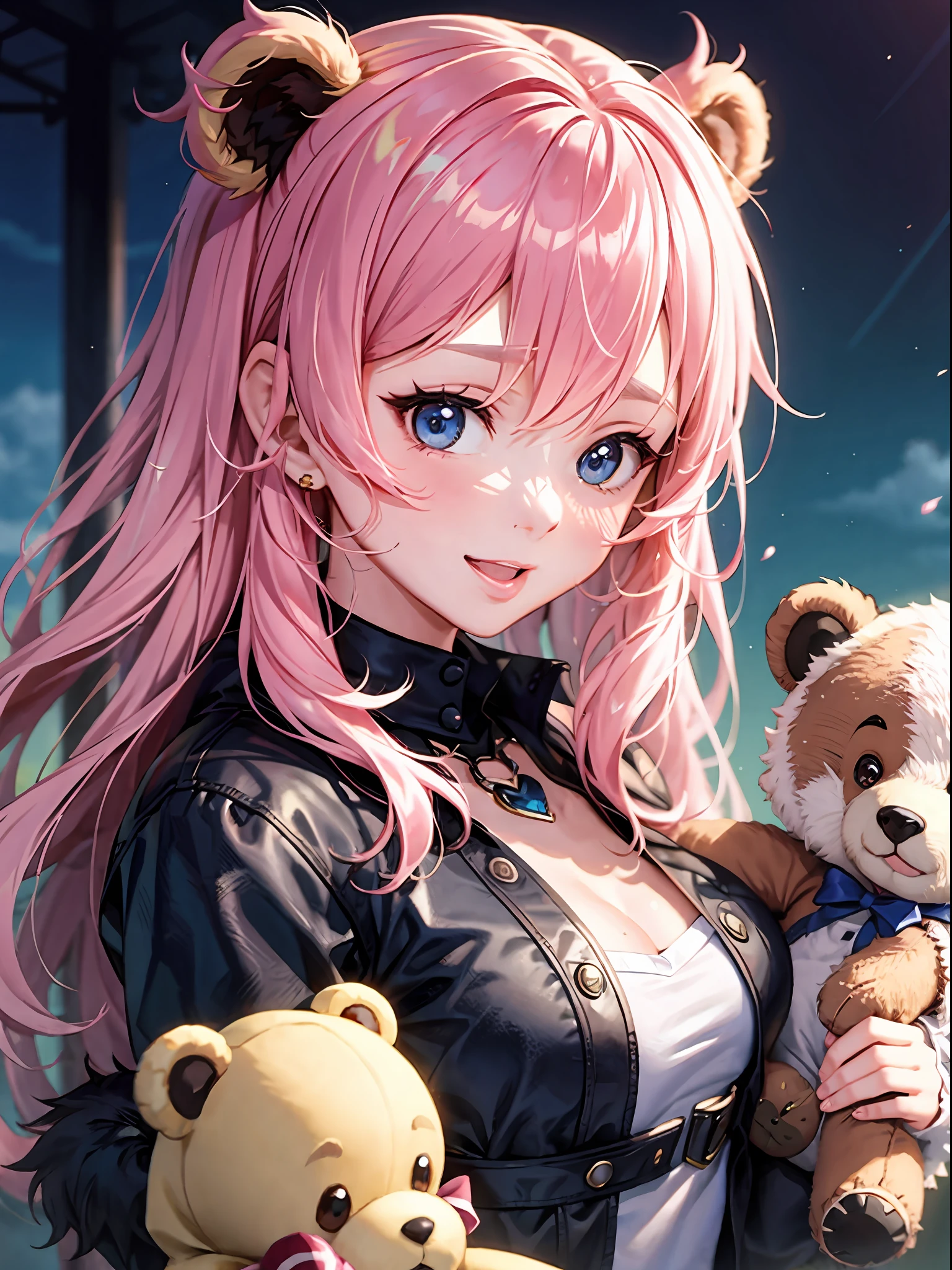 Anime Kumakuma Kuma Bear、Bear costume、Pink hair、kawaii girl、high - resolution、high picture quality、Sorrisos、hig quality、Blue sky、Cute bear costume、Fantasy、