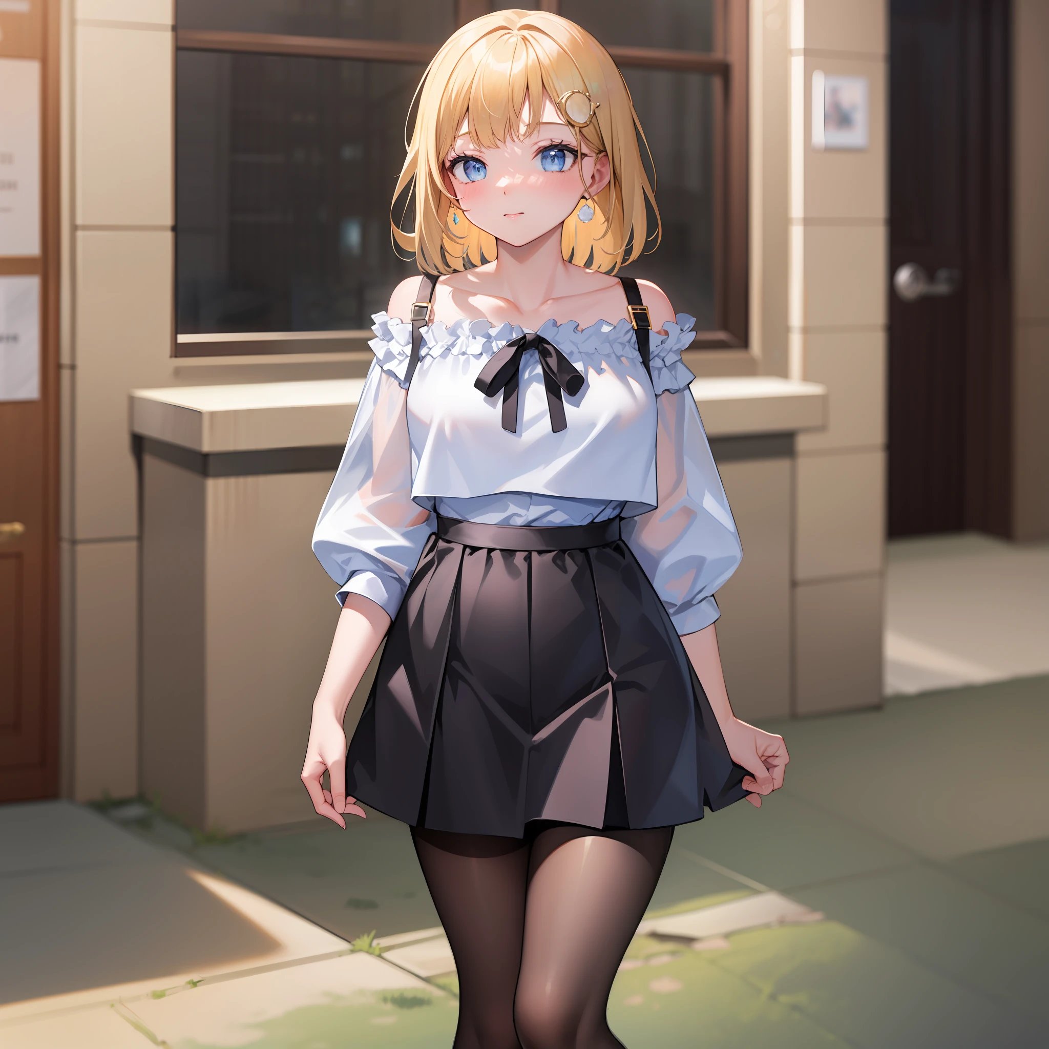 ((Masterpiece)), (Best Quality), Amelia Watson, amelia_casual, frilled shirt, collarbone, black skirt, pantyhose, (NSFW: 1.5), full body, solo