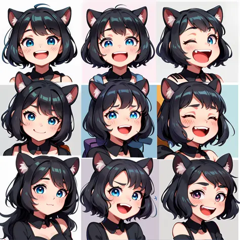 pretty girl, Furry, catgirl, emoji pack, 9 emoticons, emoji sheet, Multiple postures and facial expressions, different emotions, Different facial expressions