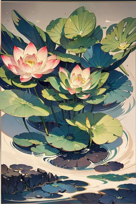 big lotus leaves, lotus flowers, ink painting style, clean colors, ink style, smudging, decisive cutting, white space, freehand,...