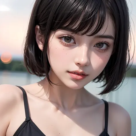 there is a woman with a black top and a black bra top, with short hair, beautiful japanese girls face, girl cute-fine-face, soft portrait shot 8 k, Beautiful Asian Girl, asian beautiful face, cute natural anime face, photo taken with sony a7r, young cute w...