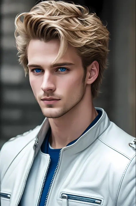 masterpiece, highest quality, RAW, style, A stunning half-body portrait of a handsome man, light hair, pale skin, vibrant blue e...