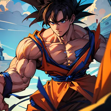 masterpiece, best quality, highly detailed, muscular man, male focus, goku