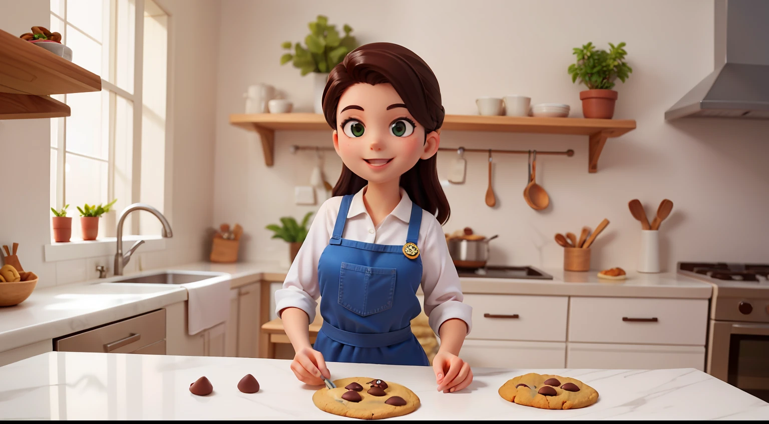 joven de 18 años ,nombre fernanda, Origen: Brasil, mujeres, blanco,pelo negro.vestida con un uniforme de chef sonriendo haciendo galletas fondo desenfocado