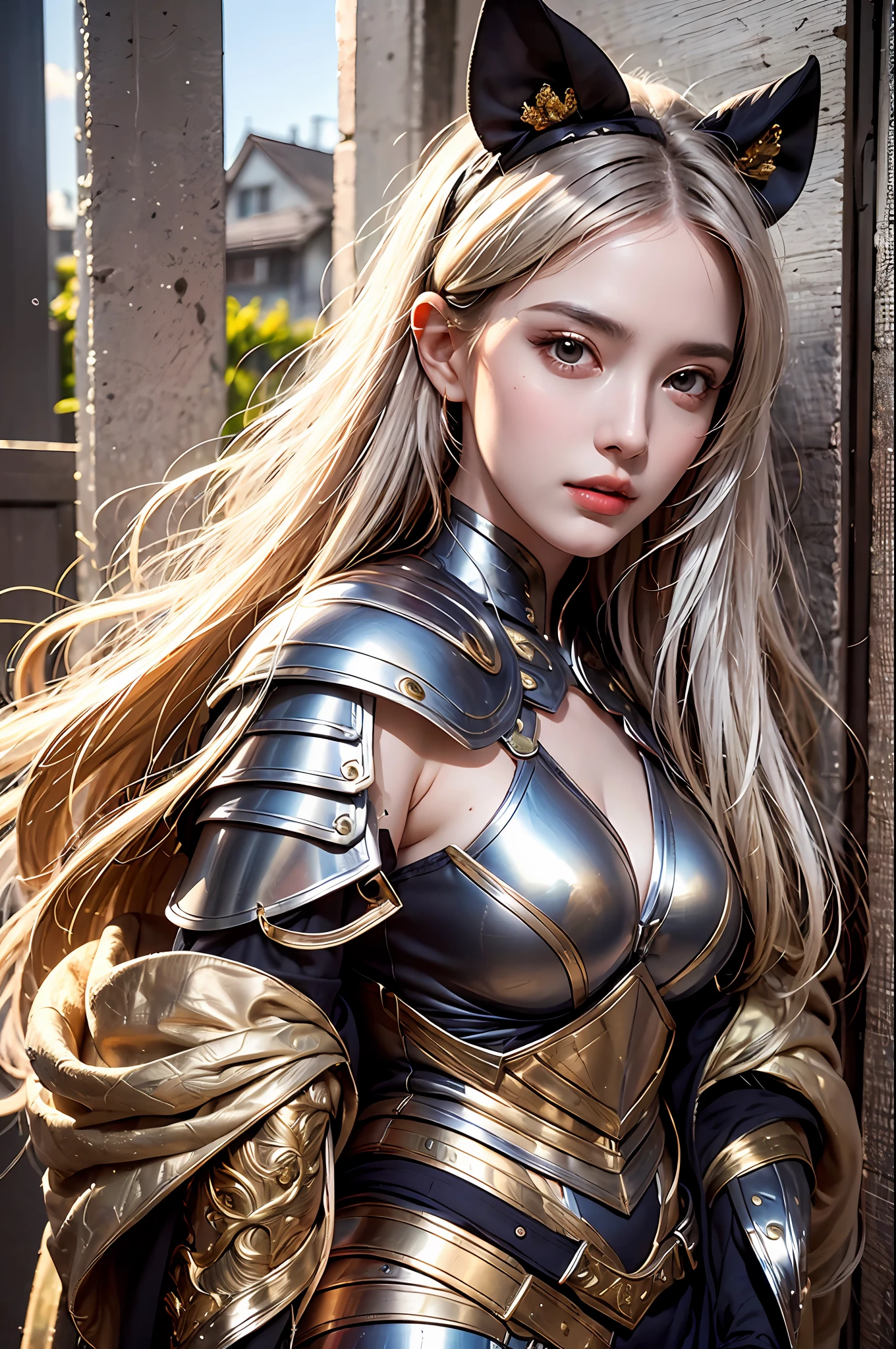 best quality, masterpiece, ultra-detailed, detailed light, (RAW photo:1.2), (photorealistic:1.4),(masterpiece:1.3),(best quality:1.4), 1girl, detailed face, solo, hips up, long hair, sky, dress, armor, cloud, full armor, gold armor