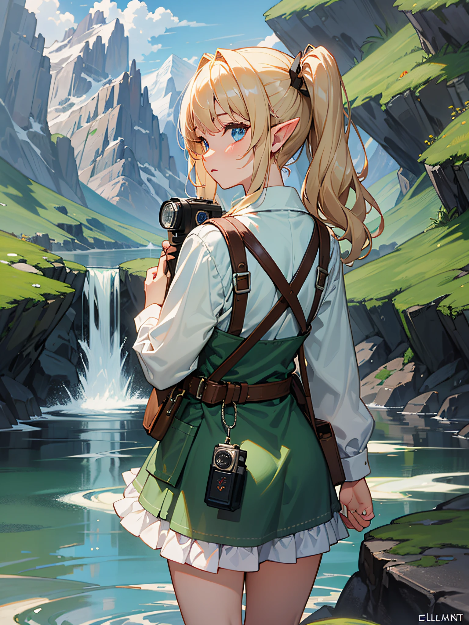 elvish, enmaided, solo, full entire body, Rear view, platinum-blonde,twintails, Blue eyes, Green Apron Dress, Leather Pouch, Holding the rangefinder camera, Shooting scenery with majestic mountains and lakes