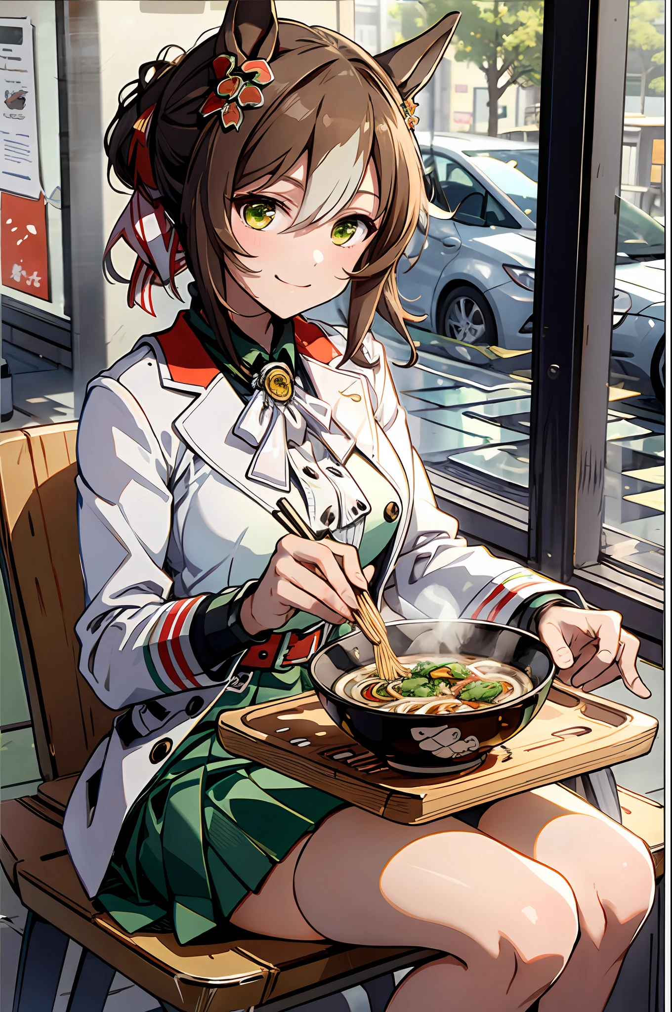 Meisterwerk, beste Qualität, Feine Bewegung \(umamusume\), grüner Rock, belt, lässig, weißes Hemd, lächeln, (Sitzung:1.1), holding chopsticks and Ramen Schüssel, Ramen,(eating Ramen noodles:1.0), Schüssel, Tisch