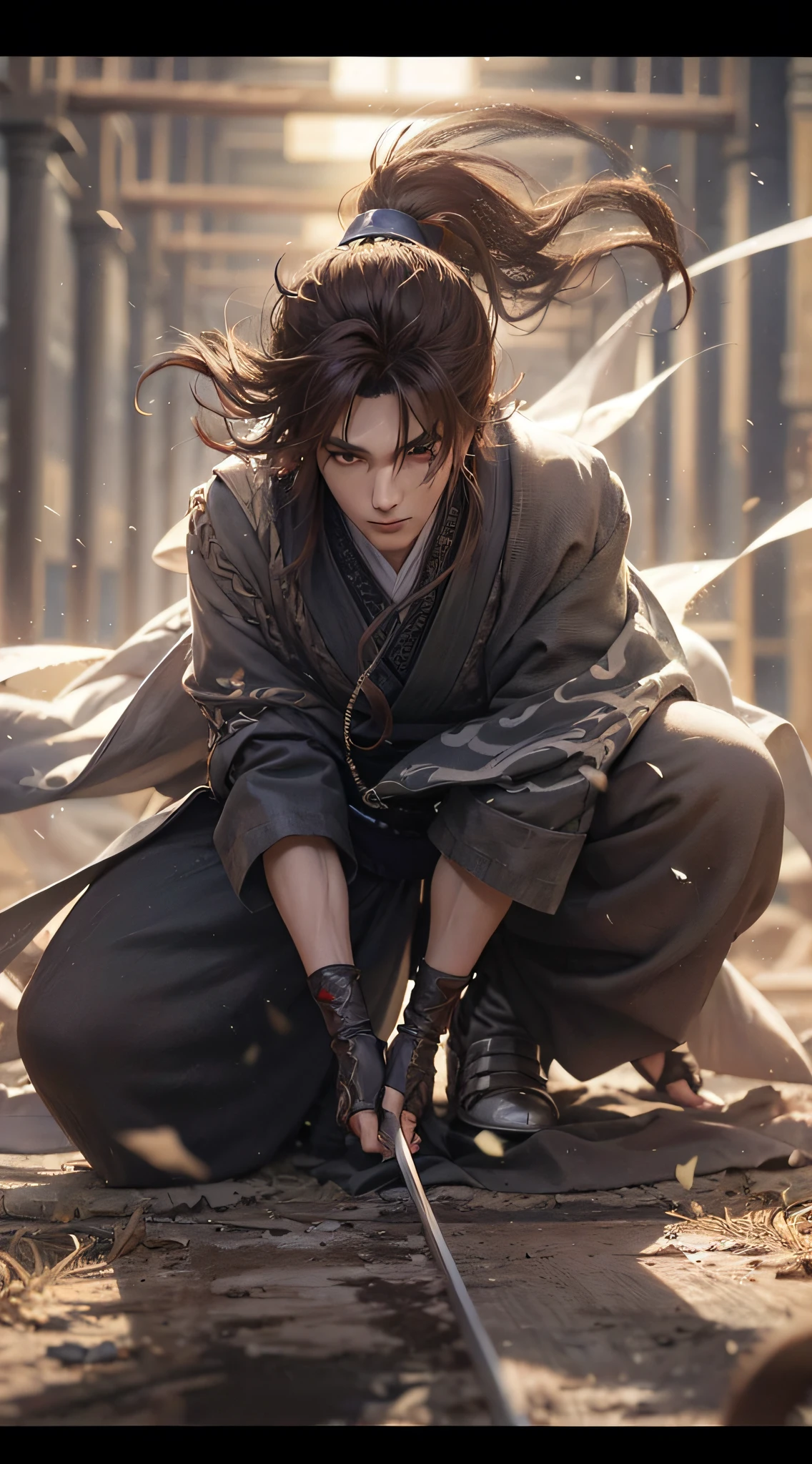 A warrior，long way hair，Hanfu，Robe，Sword，Handsome face shape，Lifelike：1.2