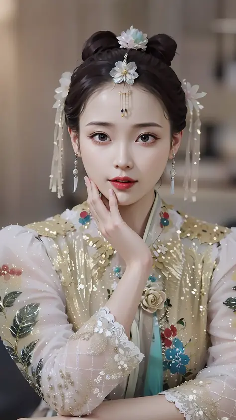 a close up of a woman in a gold dress with a red lipstick, Chinese princess, royal palace ， A girl in Hanfu, ruan jia beautiful!...