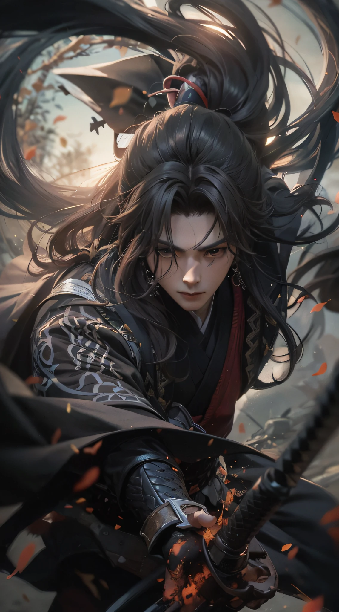 um guerreiro，cabelo longo，hanfu，manto，espada，Formato de rosto bonito，realista：1.2