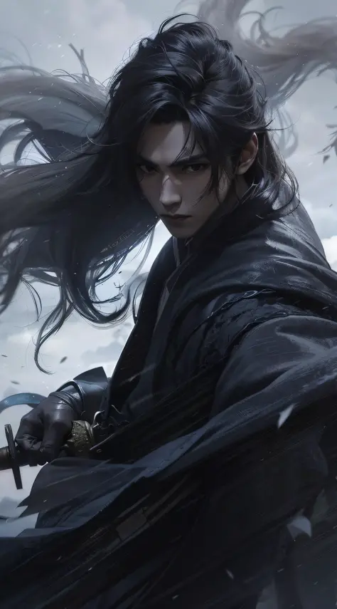 A warrior，long way hair，Hanfu，Robe，Sword，Handsome face shape，Lifelike：1.2