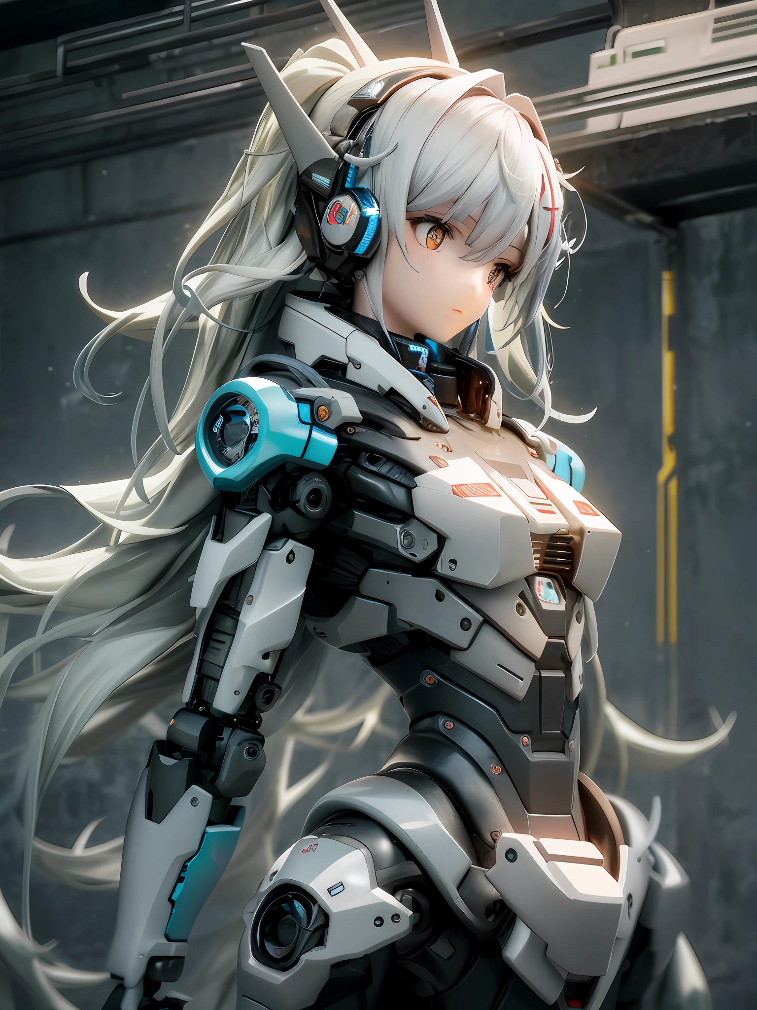 1girls, Electronic blue color, whited , Pastel colors、Bright atmosphere、Machine Man、White hair、Futuristic atmosphere、Despressing、white eyes、Longhaire、Exposed、the body is connected by a cable、Slender body, Upper body, headgear, machine wings, the universe, The god Machines, expressionless