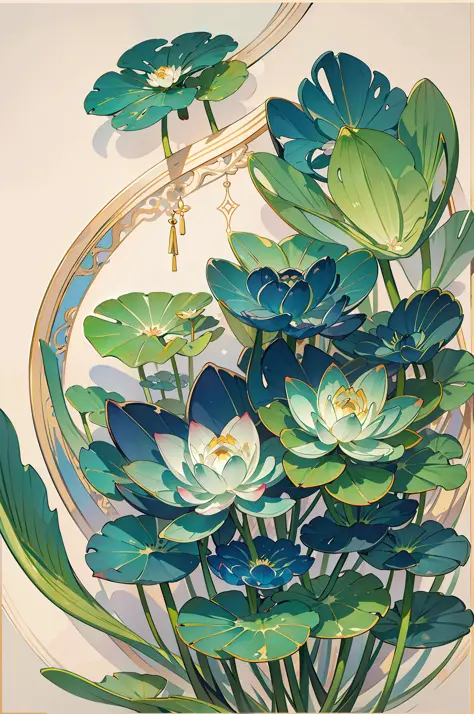 big lotus leaves, lotus flowers, ink painting style, clean colors, ink style, smudging, decisive cutting, white space, freehand,...