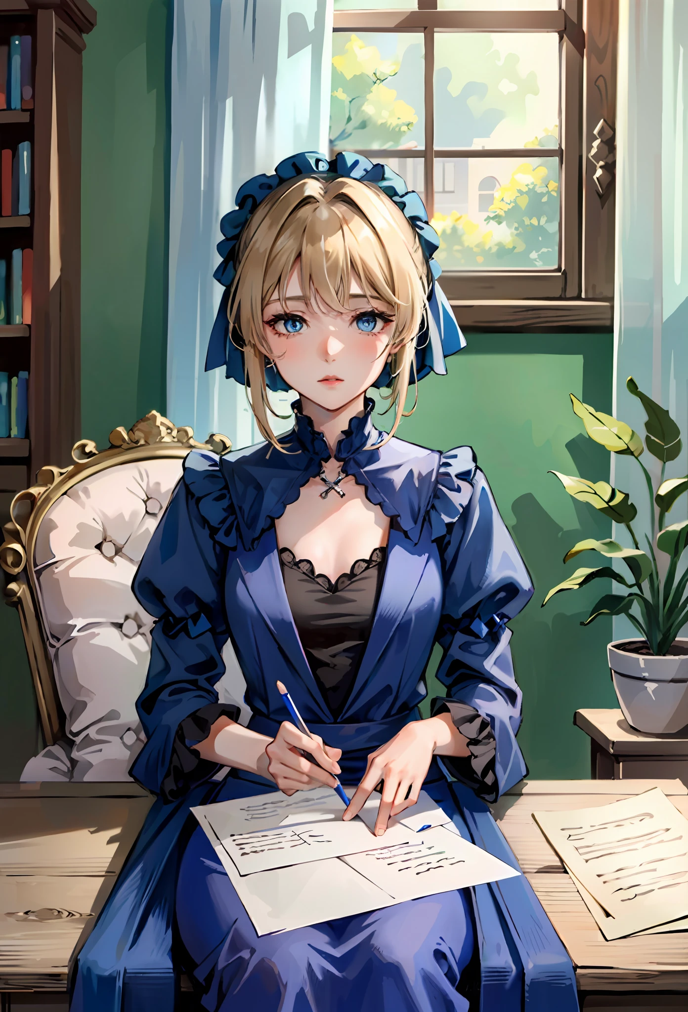 (masterpiece, Top quality, Best quality, officlal art, Beautiful and aesthetic:1.2), (1girls), extremely detailed details,Slightly raised chest，During the Day，inside room，den，desk，envelop，violet，1lady，blonde  hair，shorter hair，violet evergarden，Violet Evergarden，Violet，Automatic handwriting dolls，（Blue-green eyes，Beautiful sapphire-like eyes），Glazed eyes，English dress，sitting in chair，unexpressive，bow one's head，Look at the table，Writing a letter，unexpressive，（double hands：manipulator，Glossy machinery），