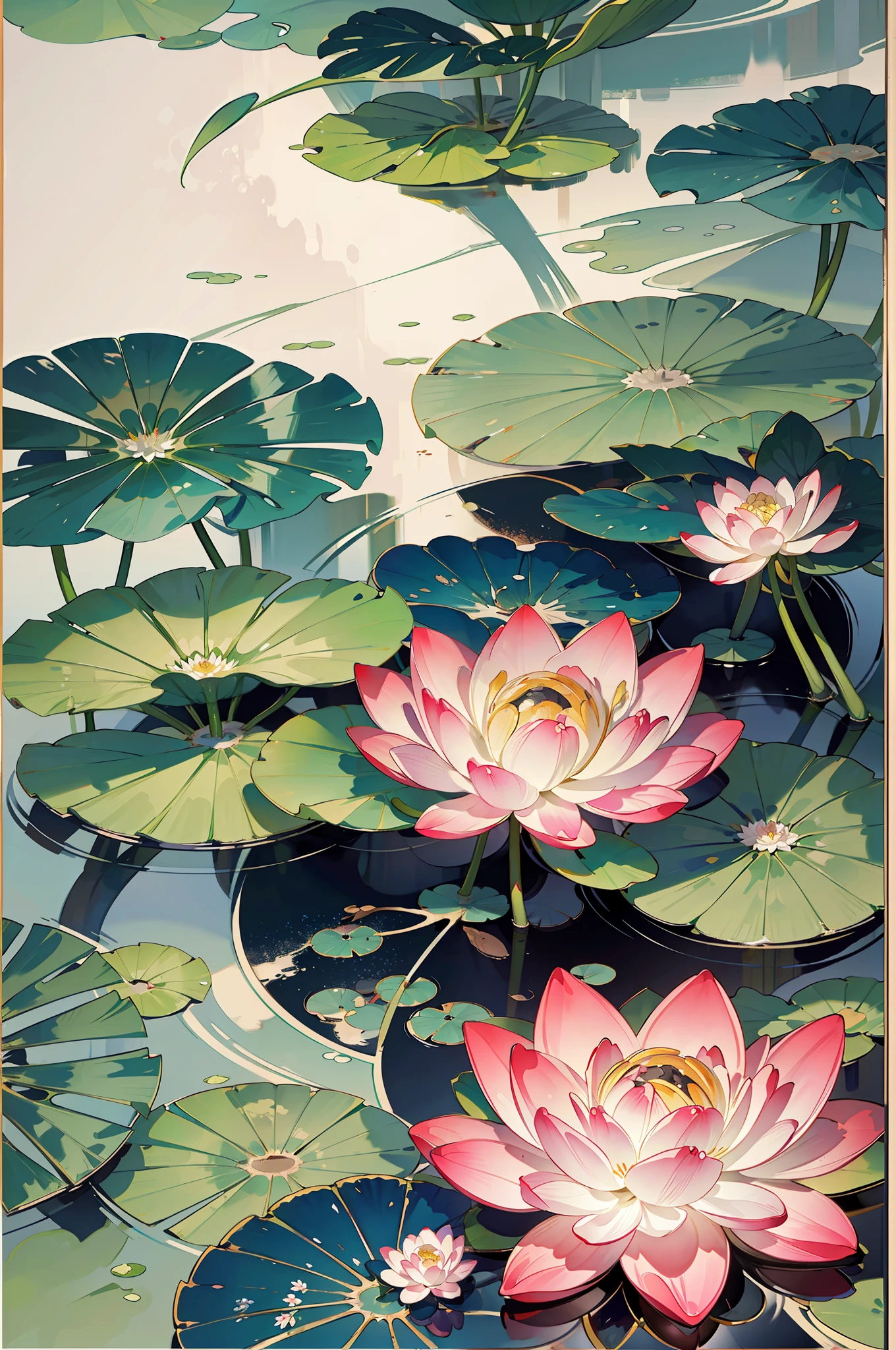 large lotus leaf，lotuses，Ink painting style，clean color，Ink style，Smudge，Leave white space，Freehand，The Masterpiece，Ultra Verbose，Epic composition, high qulity, Maximum quality,Lotus fairy，ancient wind，Dunhuang Flying Sky