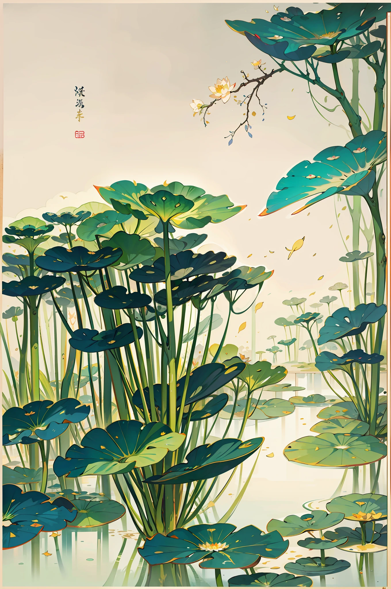 large lotus leaf，lotuses，Ink painting style，clean color，Ink style，Smudge，Leave white space，Freehand，The Masterpiece，Ultra Verbose，Epic composition, high qulity, Maximum quality,Lotus fairy，ancient wind，Dunhuang Flying Sky