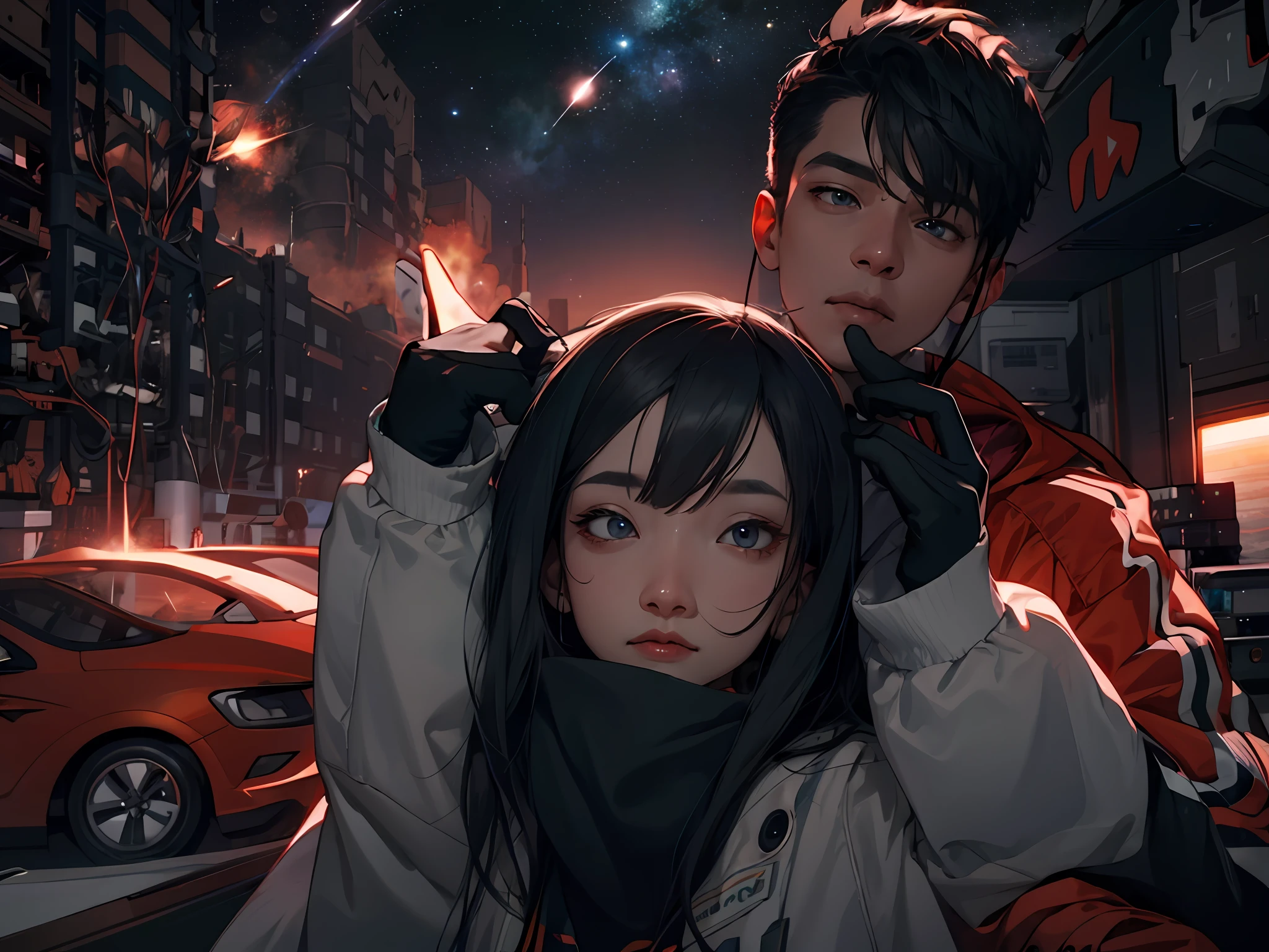 Anime characters in a city at night with a car in the background - SeaArt AI