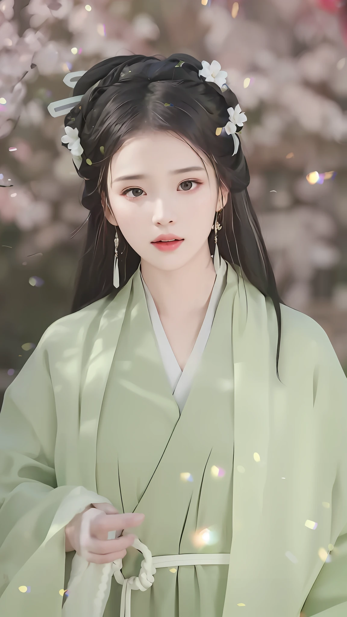 穿著綠色洋裝的女人的特寫，一朵花插在他的頭髮上, 皇宮 ， 一個穿著漢服的女孩, 穿著中國古代服裝, 灵感来自仇英, 灵感来自黄极, 穿着古代中国服饰, 靈感來自張岩, 中國古代美女, Hanfu, 灵感来自顾安, 中國古代公主, style of guo hua