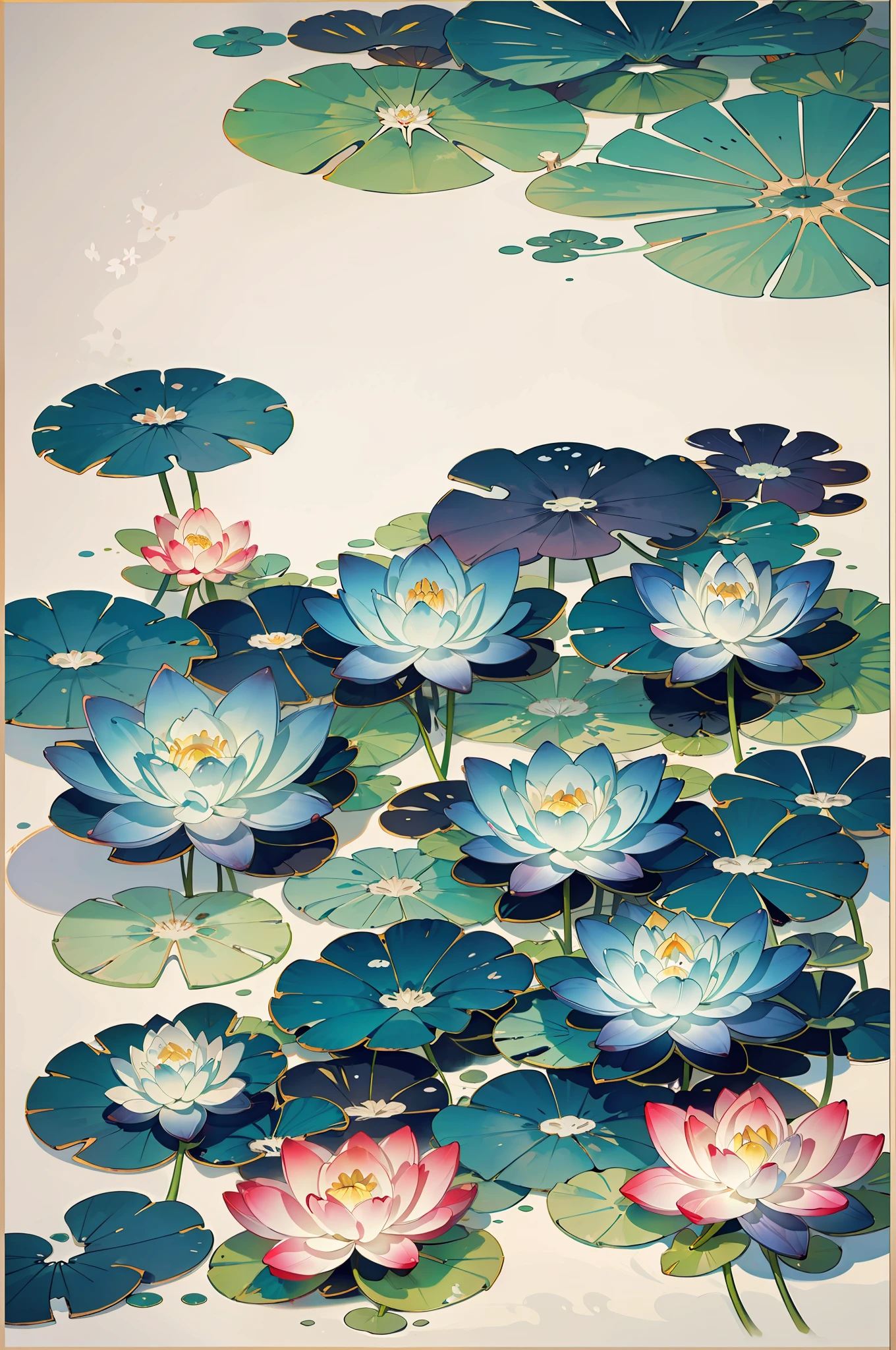 large lotus leaf，lotuses，Ink painting style，clean color，Ink style，Smudge，Leave white space，Freehand，The Masterpiece，Ultra Verbose，Epic composition, high qulity, Maximum quality,Lotus fairy，ancient wind，Dunhuang Flying Sky