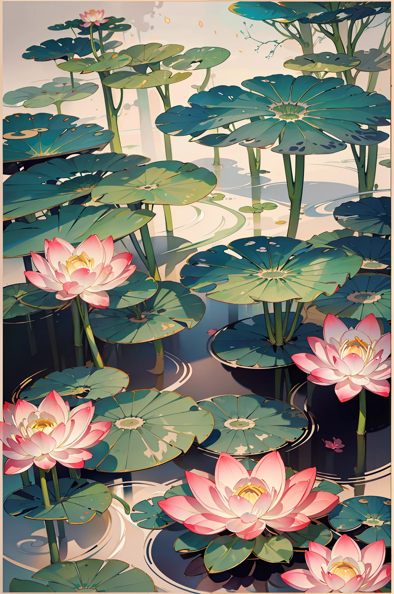 large lotus leaf，lotuses，Ink painting style，clean color，Ink style，Smudge，Leave white space，Freehand，The Masterpiece，Ultra Verbose，Epic composition, high qulity, Maximum quality,Lotus fairy，ancient wind，Dunhuang Flying Sky