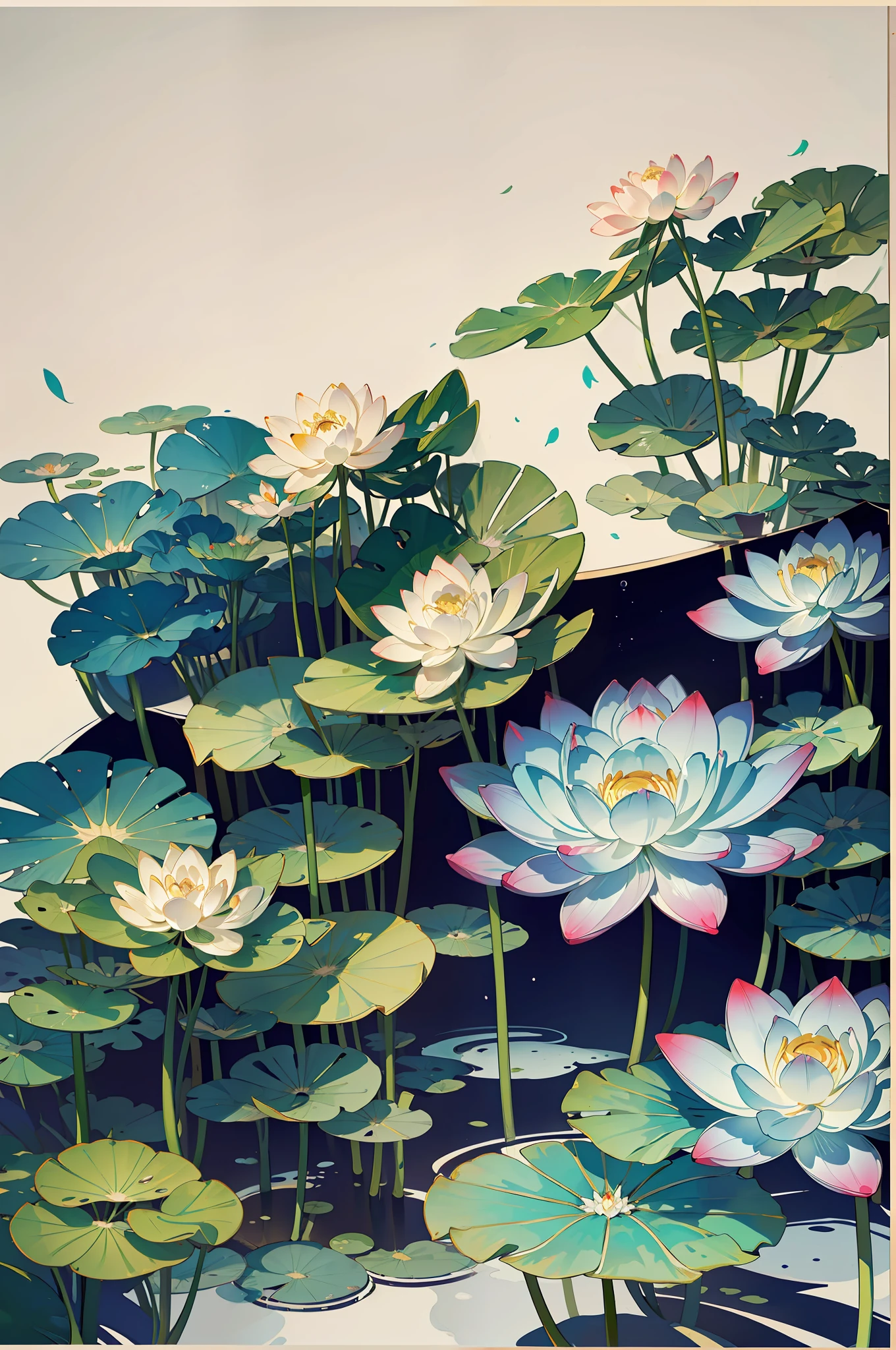 Big lotus leaves, lotus flowers, ink painting style, clean colors, ink style, smudging, decisive cutting, white space, freehand, masterpiece, super detailed, epic composition, high quality, highest quality, lotus fairy, ancient style, Dunhuang flying sky