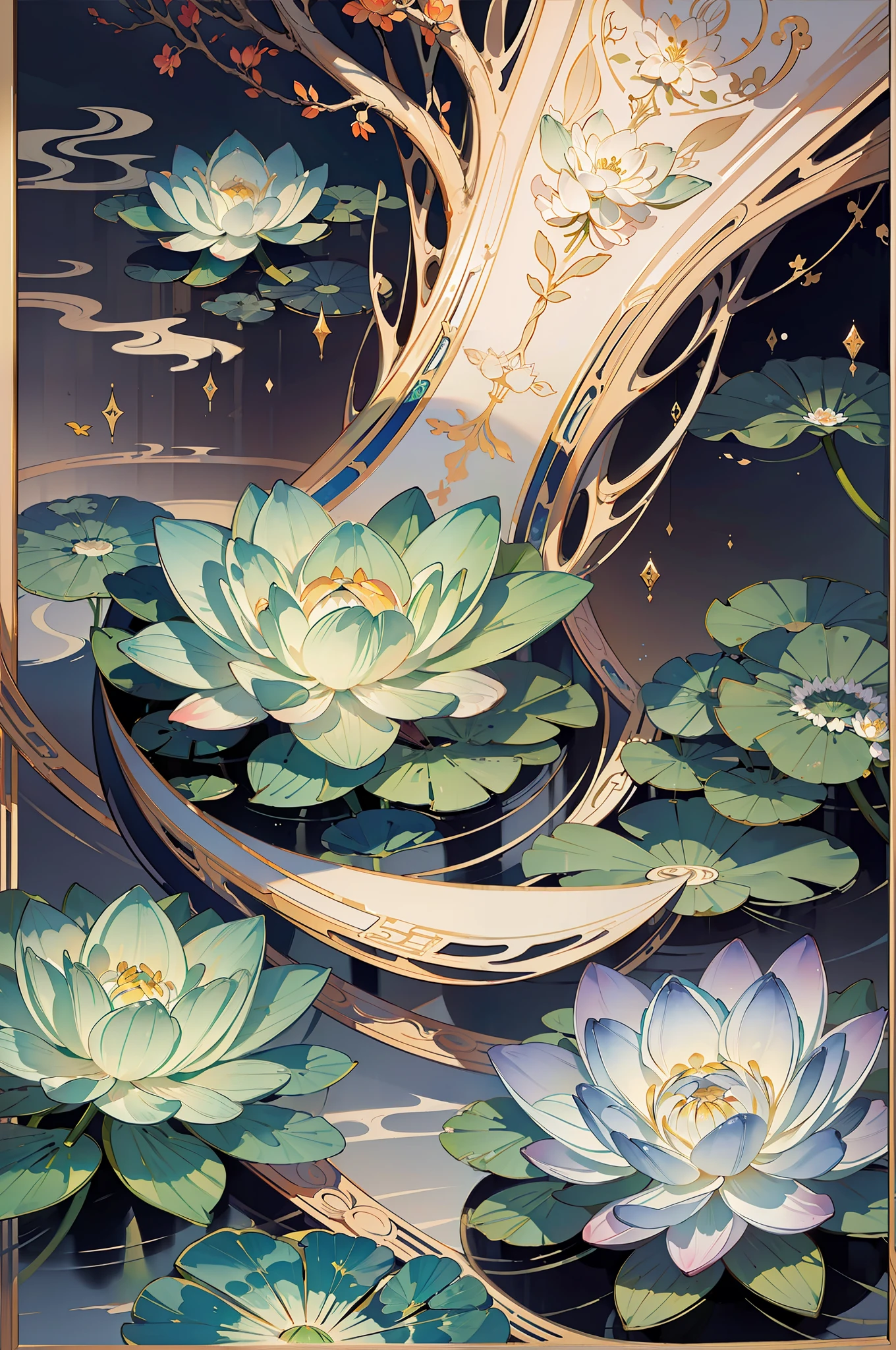 Big lotus leaves, lotus flowers, ink painting style, clean colors, ink style, smudging, decisive cutting, white space, freehand, masterpiece, super detailed, epic composition, high quality, highest quality, lotus fairy, ancient style, Dunhuang flying sky