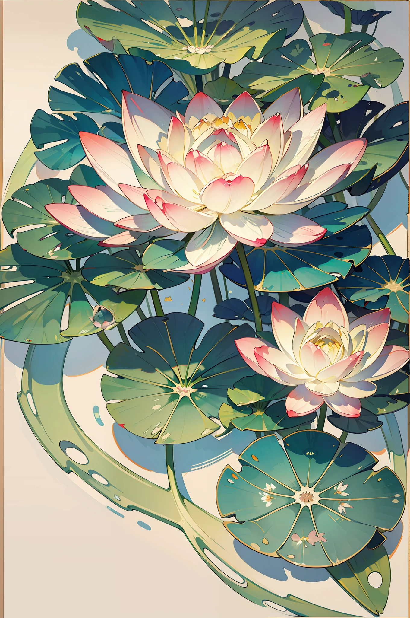 Big lotus leaves, lotus flowers, ink painting style, clean colors, ink style, smudging, decisive cutting, white space, freehand, masterpiece, super detailed, epic composition, high quality, highest quality, lotus fairy, ancient style, Dunhuang flying sky