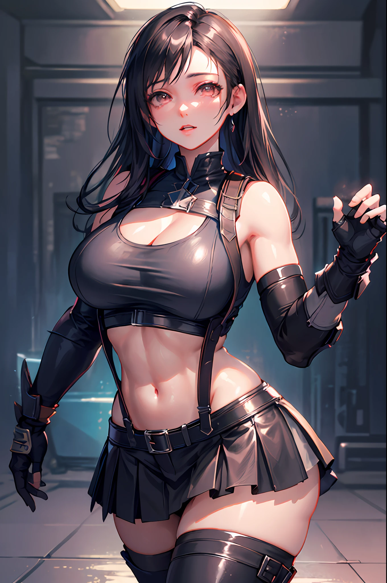 Unreal Engine 5 Realistic Render, (masterpiece, best quality), intricate details, (Best quality)), ((masterpiece)), ((realistic)), (hyperrealism:1.2), (fractal art:1.2), 
1girl, 7rtifa, crop top, arm guards, fingerless gloves, suspenders, pleated miniskirt, black thighhighs, red boots 
extreme detailed eyes, colorful, highest detailed, 
vibrant colors, high contrast,
(8K UHD:1.2), (photorealistic:1.2), beautiful face, top body is hyper realistic thicc muscle and hyper largest_breasts!! with the type of boobs_melons, lower is huge buttocks, wet shiny body