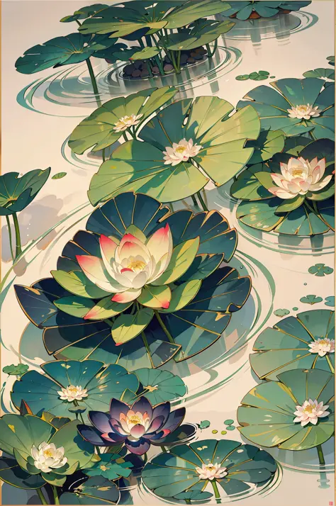 large lotus leaf，lotuses，Ink painting style，clean color，Ink style，Smudge，Freehand，The Masterpiece，Ultra Verbose，Epic composition...