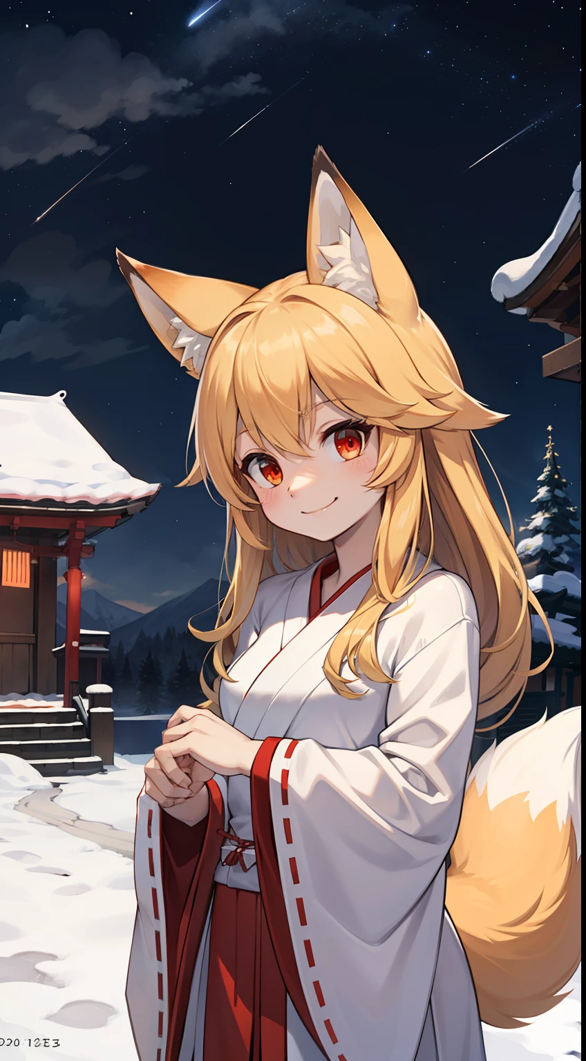 girl fox，was hairy，shaggy，Golden fur，pelt，Golden yellow face fur,Long blonde hair，Red eyes，Super cute face，Brown elements on fur，miko，Beautiful lights and shadows，Ambient light，Ultra-fine fur，volumettic light，Night,Clouds and stars in the sky,The sky outside is starry ,Meteor,natural day light，Smile with，Fluffy tail，Shrine background，wintertime