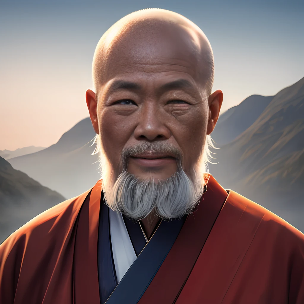 An old Chinese monk in rags，Long beard，Be kind，The eyes are shining，Smart and dashing，Teeth bared, Landscape background，Cinematic portraits of people, 8K portrait rendering,Inspired by martial arts monks, Inspired by Oniyako --auto