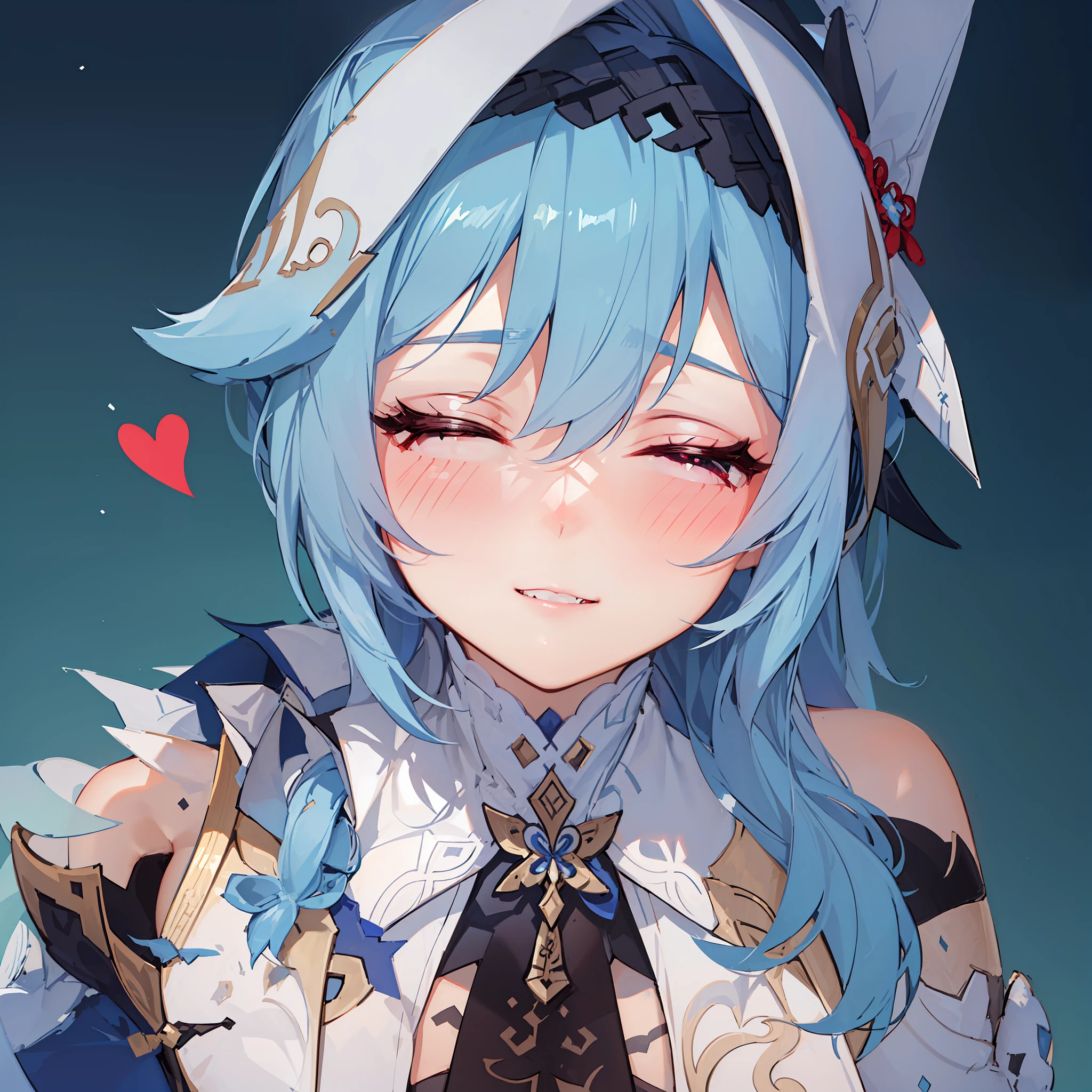 (best quality), (masterpiece), (highres), (depth of field), extremely detailed girl, illustration, sharp focus, 1 girl, solo,(sharp focus), simple background, eula (genshin impact), blue hair, embarrassed, blush  face focus, close up, both eyes closed, night time, def1