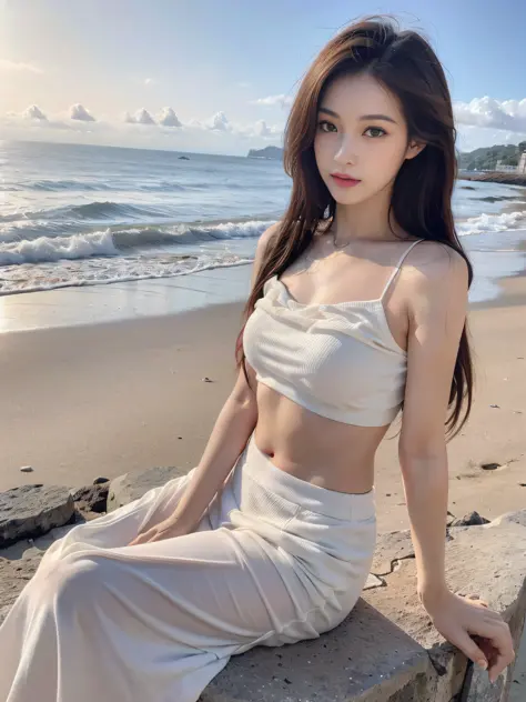 ，masterpiece, Best quality，8K, ultra-highresolution，(beautifull eyes:1.5)， ((Medium view，upperl body:1.5))，By the sea in the evening，The sky slowly turned orange-red，The waves gently lapping against the shore。Goddess sitting on the beach，