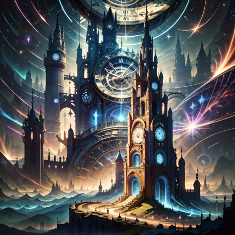 the city on the edge of forever, stars, time, stellar, intricate, gears, clocks, masterpiece, epic composition