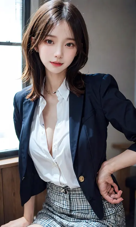 necktie、A tie gets stuck in the cleavage、(Raw photography:1.2)、the best qualityt、beautiful detailed girls、Sorrisos、short-haired、Dark blue suit、collar shirt、Very detailed eyes and face、Beautiful detailed eyes、huge filesize、high - resolution、8k壁紙、finelydetai...