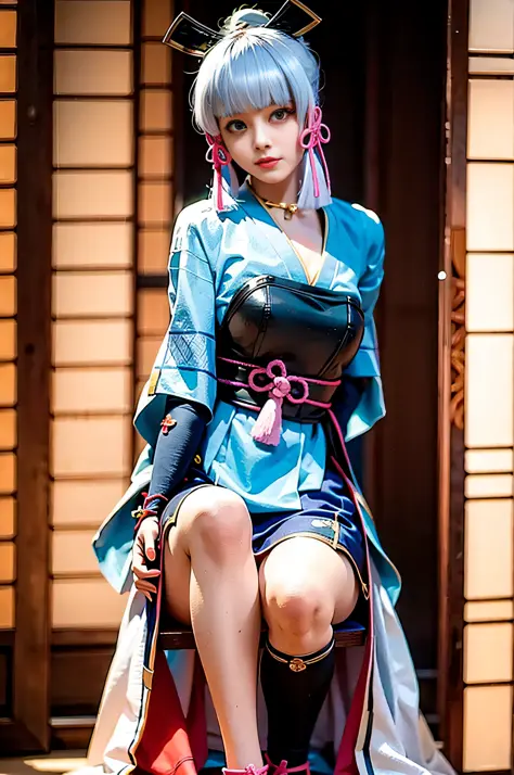 Blue kimono woman,sitting​，(loli face:1.1),Antique realistic photo,cosplay,,(Peach blossom eyes:1.1),kamisato ayaka,(Realistic:1...