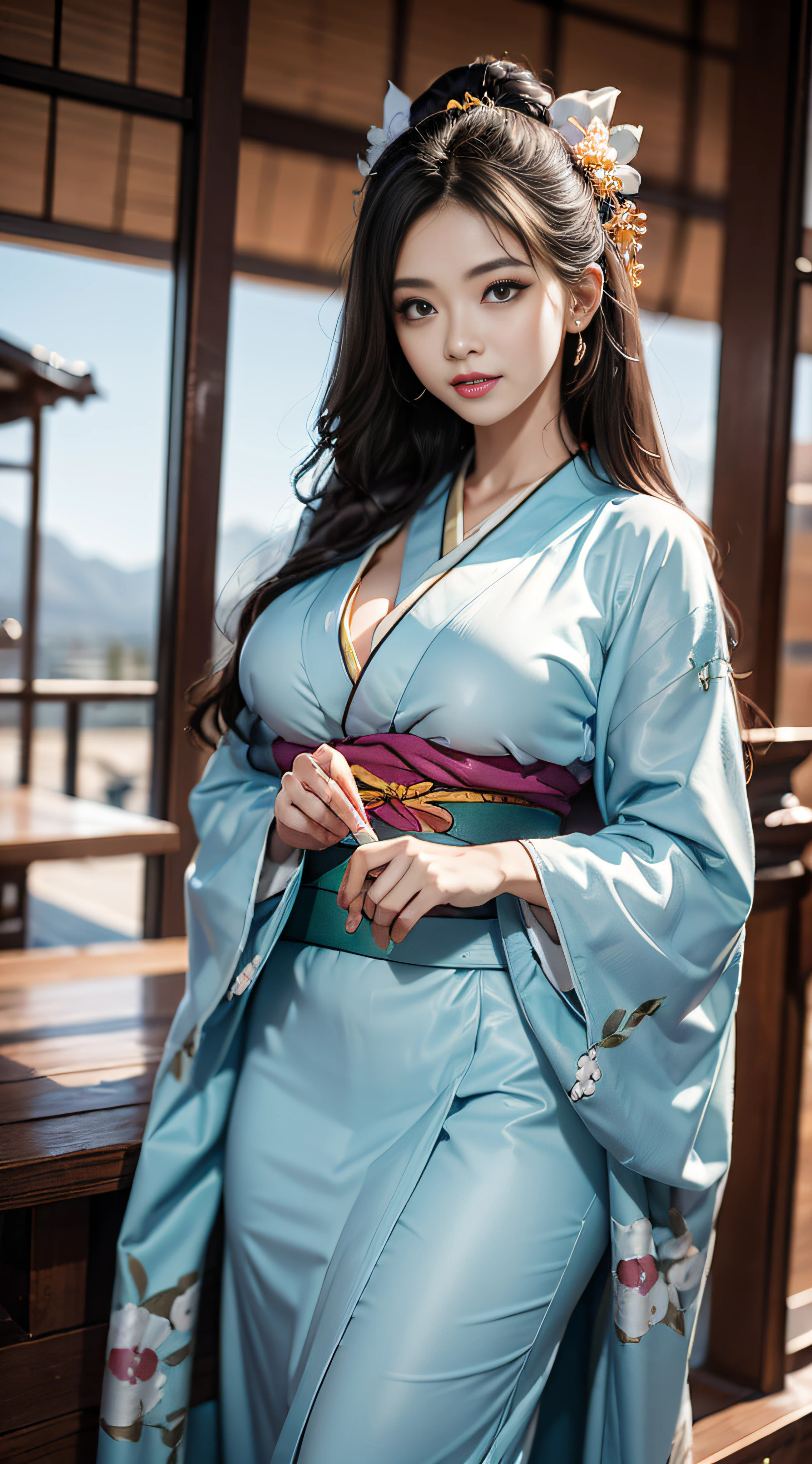 the best qualityt、photorealestic、in 8K、high - resolution、The girls 1 people、a  woman、(Dents in the skin)、(Professional lighting)、(Kimono:1.74)、luxury、(((Big Chest、Narrow waist)))、(Girl looking at viewer one eye:1.54)、((Watching the viewer:1.6)) 、(is looking at the camera)、photorealestic、(bokeh feeling)、(dinamic pose:1.2)、A masterpie、intricate、Realstic、sharpening Focus、award-winning photo、Sorrisos