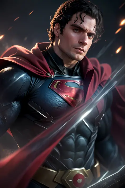 Henry Cavill as Superman, 40s year old, all black and red details suit, red cape, strain of hair covering forehead, short hair, ...
