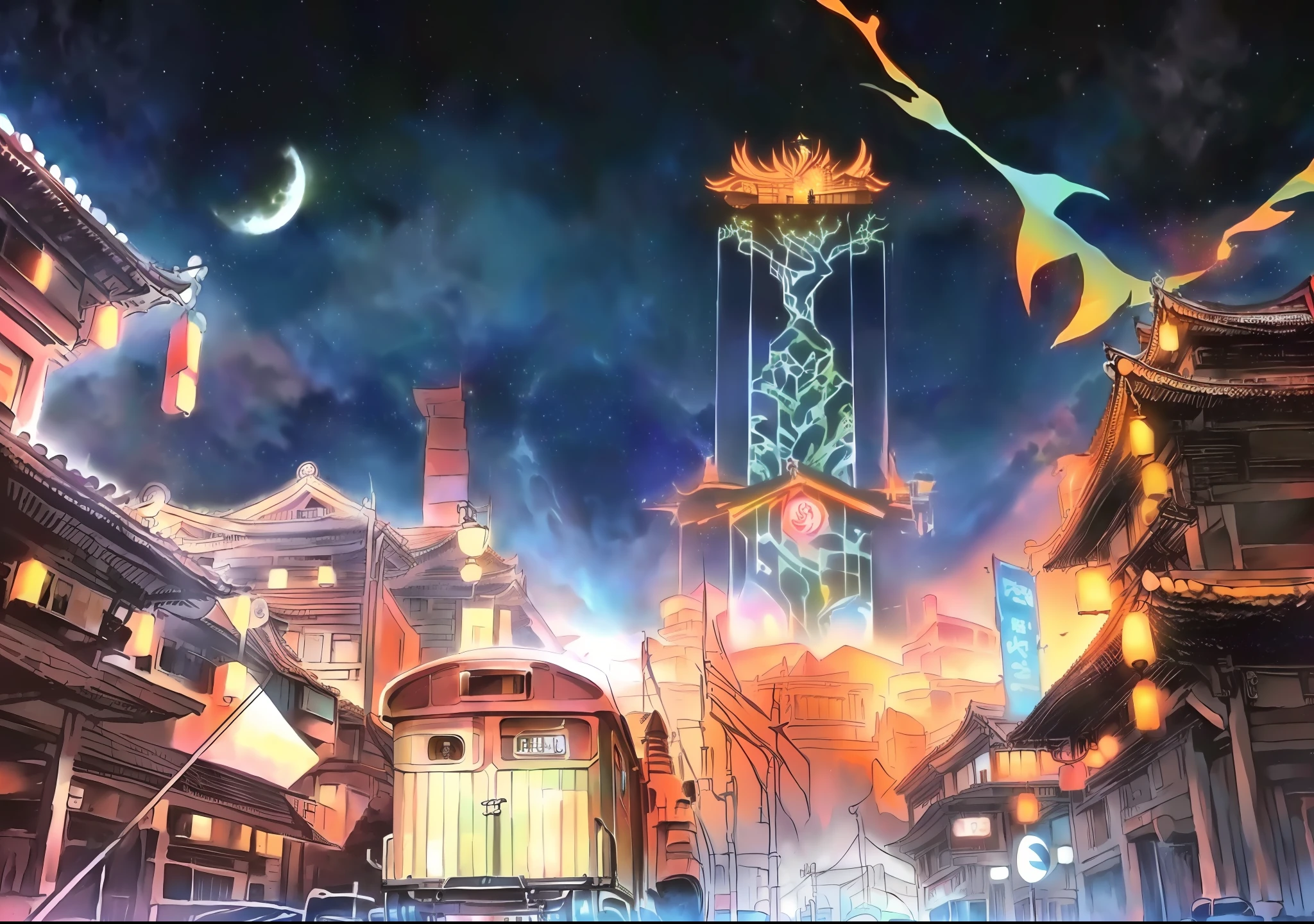 anime scene of a street with a train and a building, colorful kitsune city, colorful anime movie background, Best anime 4k konachan wallpaper, Onmyoji detailed art, anime land of the lustrous, traditional japanese concept art, anime art nouveau cosmic display, summer festival night, anime style cityscape, Anime fantasy artwork, anime”, “ anime, full - view。Classical Chinese night view