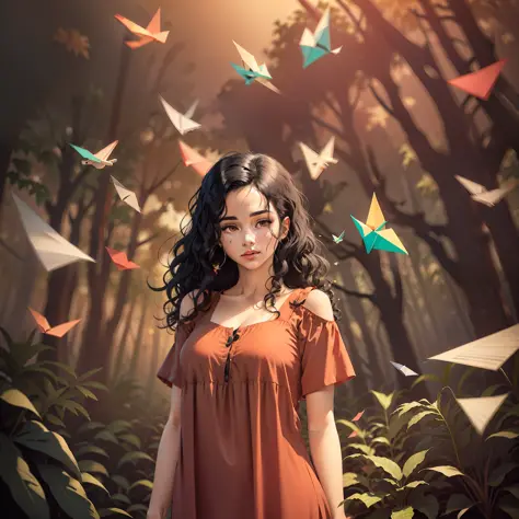 a woman with black wavy hair in a red sundress, standing in a forest, surrounded by paper planes, kilian eng vibrant colours