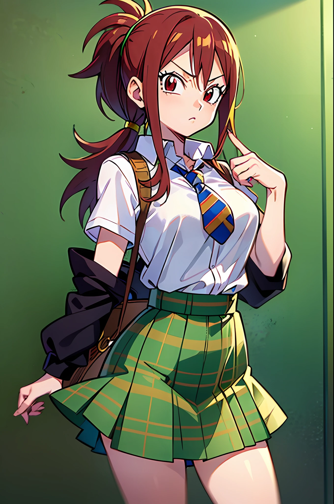 neutral face, schoolgirl attire, white blouse with yellow jacket, green striped tie, red plaid skirt, red eyes and red hair in a twin ponytail, (style of dragon ball z and fairy tail anime), (illustrated by Akira Toriyama and Hiro Mashima), (style mixing), Lucy Heartfilia, Videl