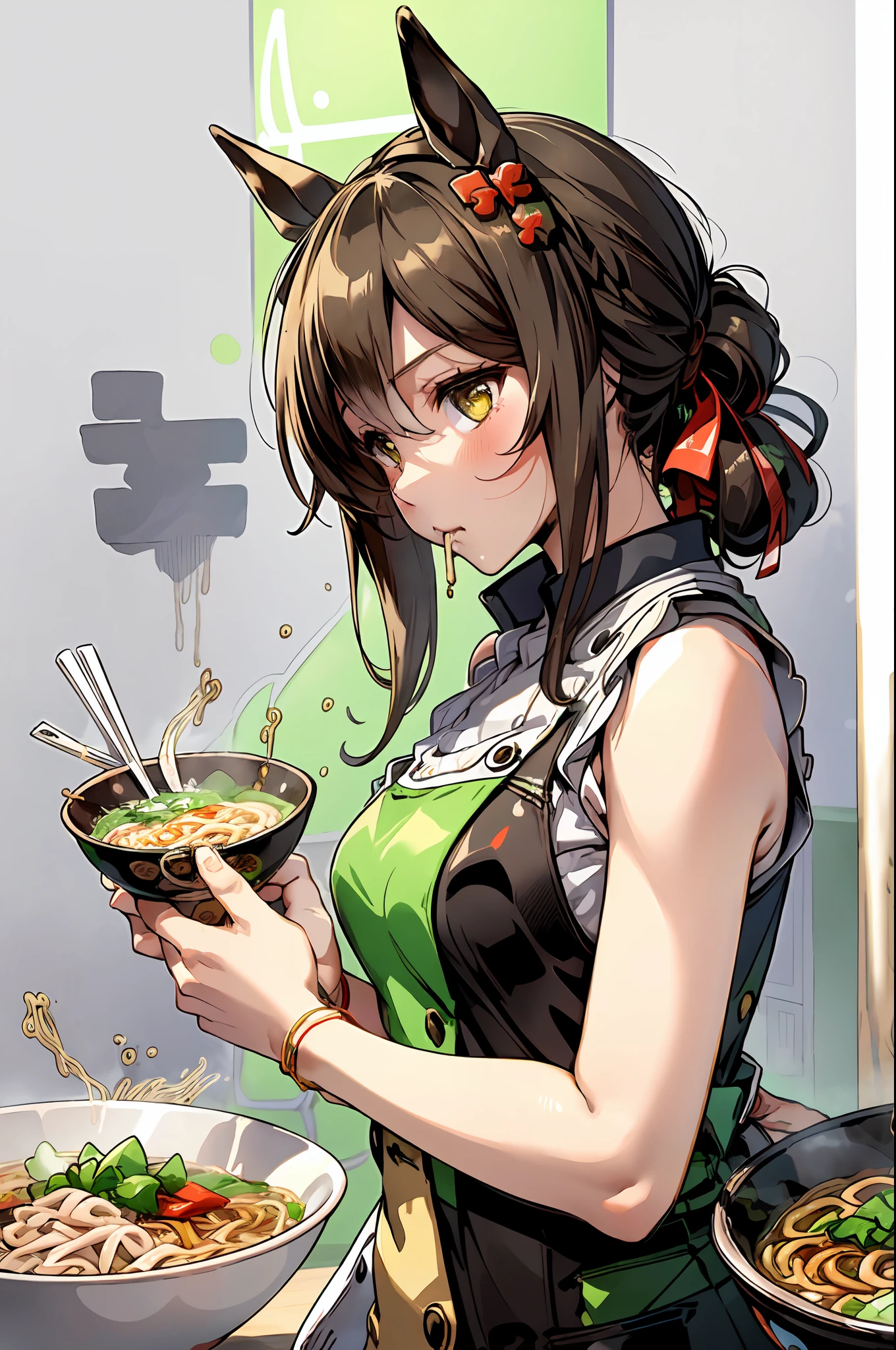 obra maestra, mejor calidad, Movimiento fino \(umamusume\),orejas de caballo, cola de caballo, pantalones, camiseta verde debajo de un delantal blanco,mesa,Cuenco con una mano,(una chica comiendo ramen con palillos en la mano, con un plato de fideos frente a ella:1.3) ,