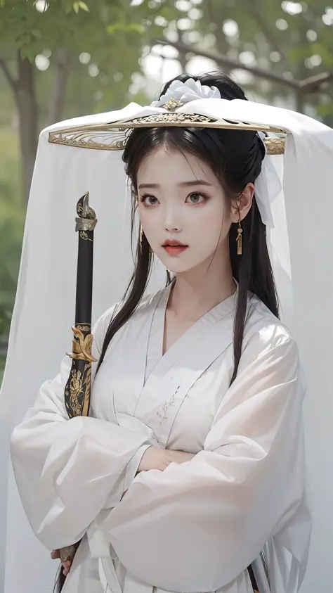 dressed in a dress white，Arad woman with sword and hat, royal palace ， A girl in Hanfu, inspired by Du Qiong, ruan jia beautiful...