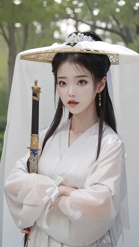 dressed in a dress white，Arad woman with sword and hat, royal palace ， A girl in Hanfu, inspired by Du Qiong, ruan jia beautiful...